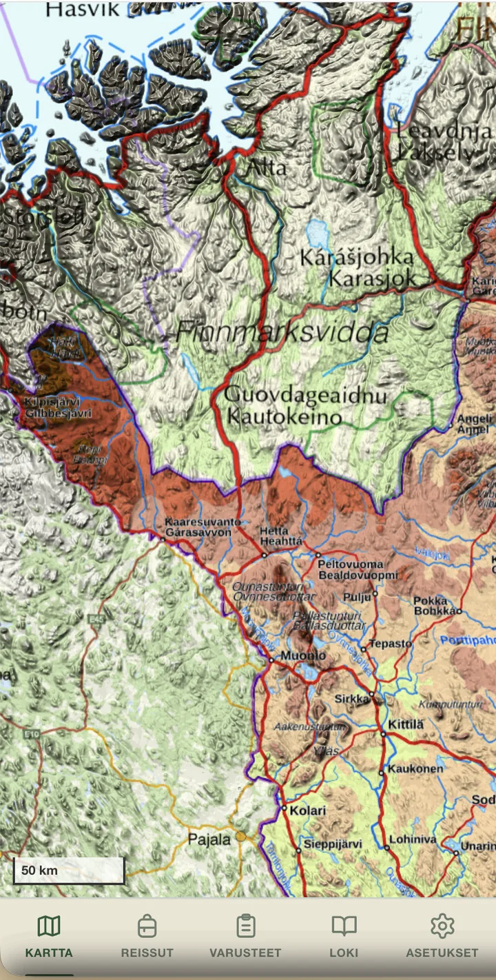 App map view of northern Finland
